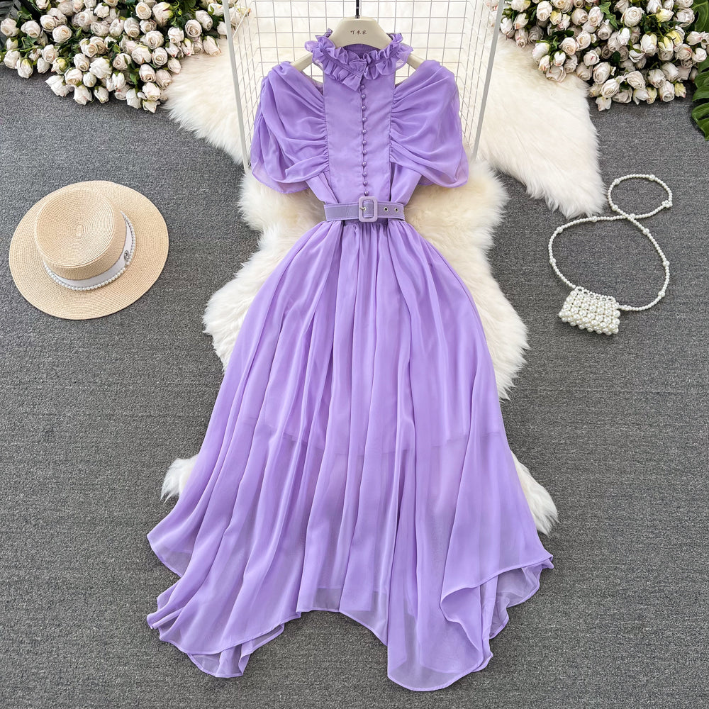 Stand collar Ruffled Chiffon Dress