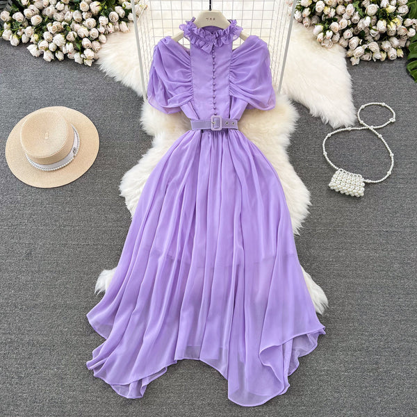 Stand collar Ruffled Chiffon Dress