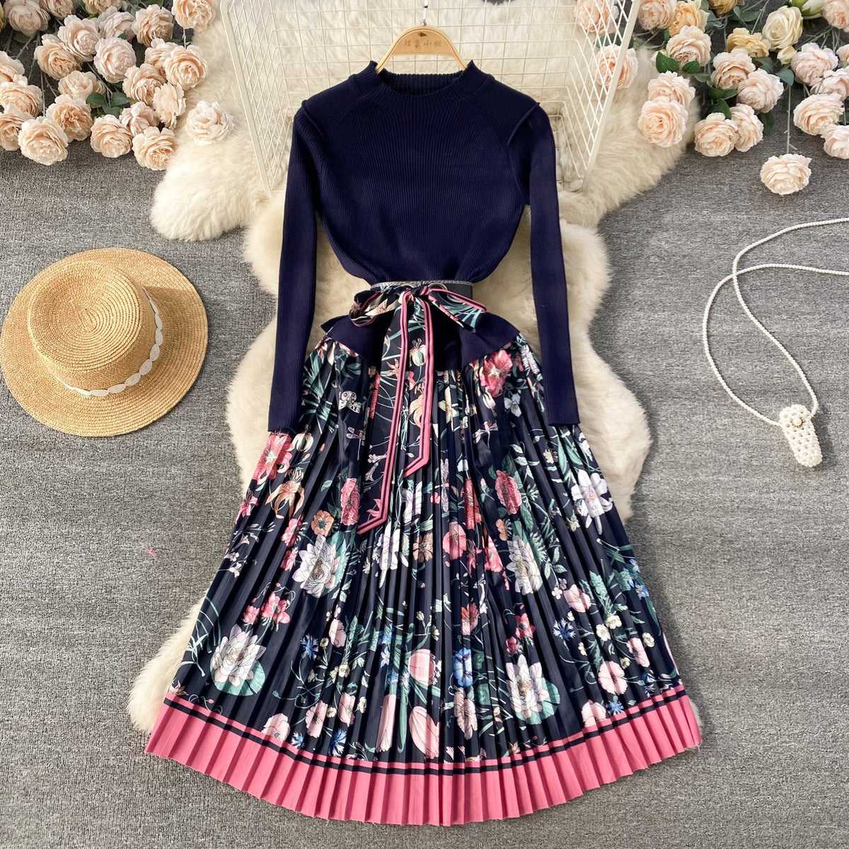French Style Lace-up Floral Dress