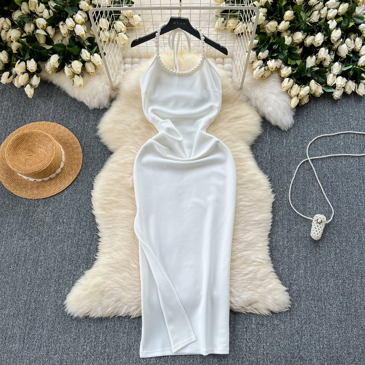 Simple Design Beaded Halter Dress