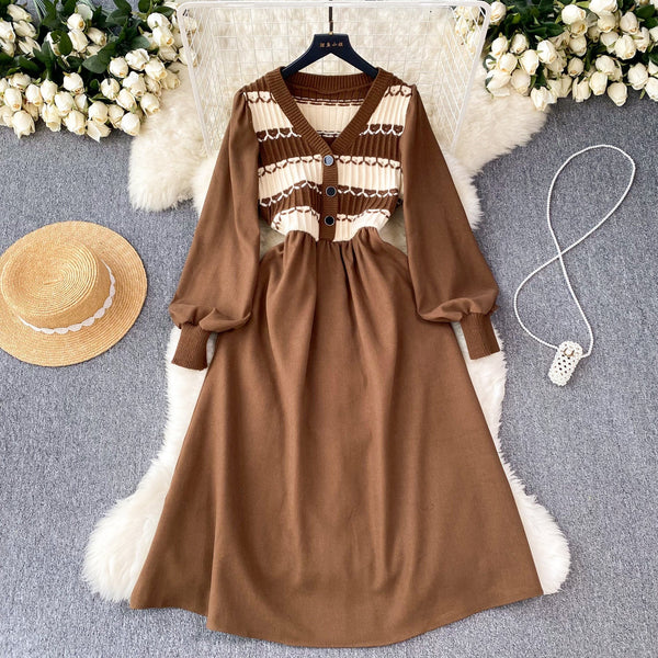 Vintage Striped Knit Patchwork Corduroy Dress