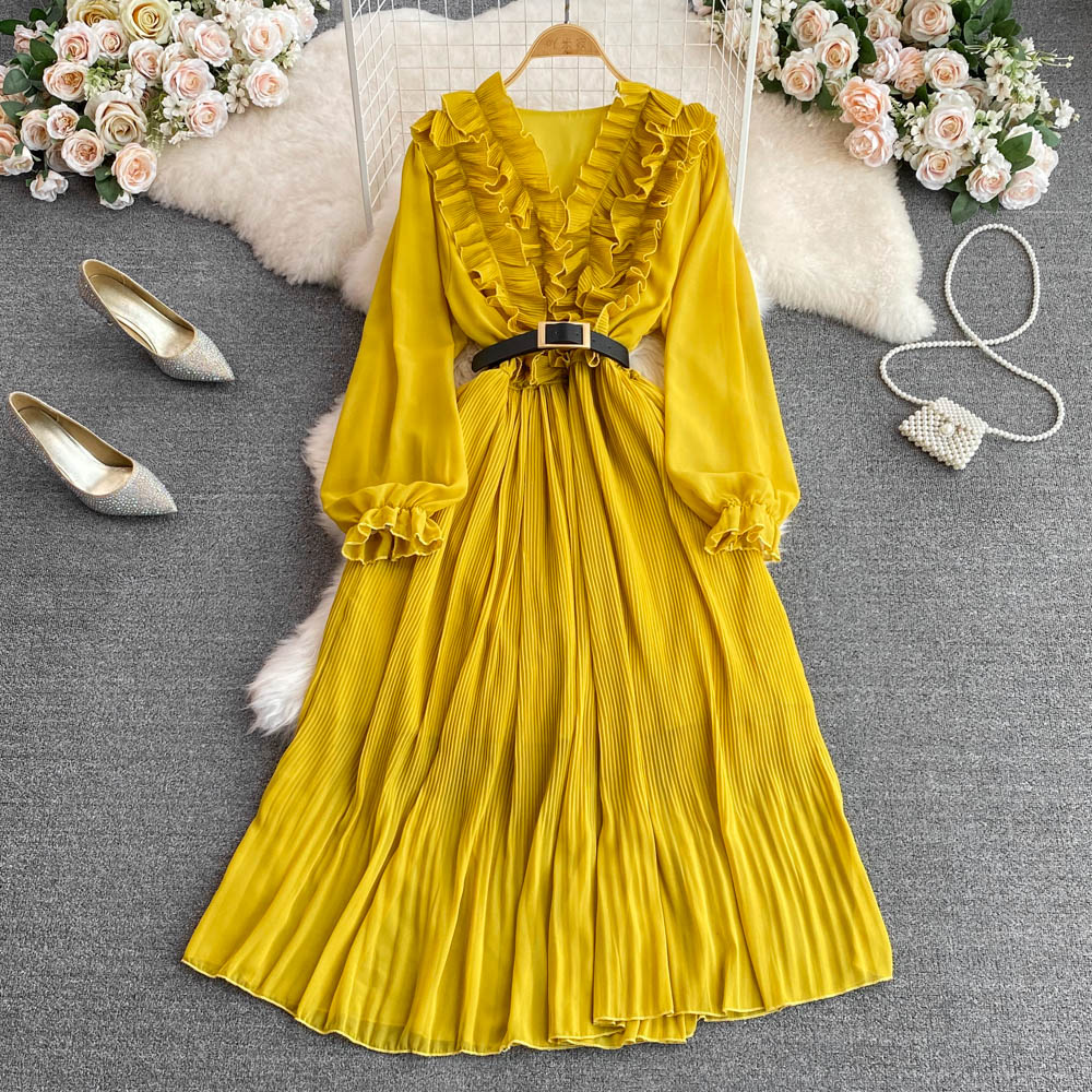 Vintage Ruffle Puffy Sleeve Pleated Dress