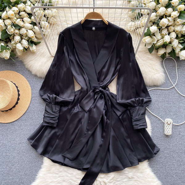 French Style V-neck Satin Wrap Dress