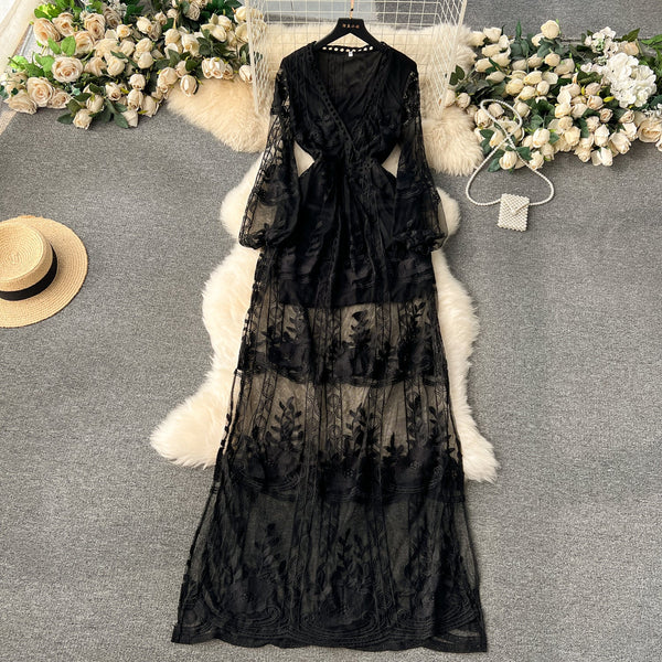 Vintage Embroidered Lace V-neck Dress