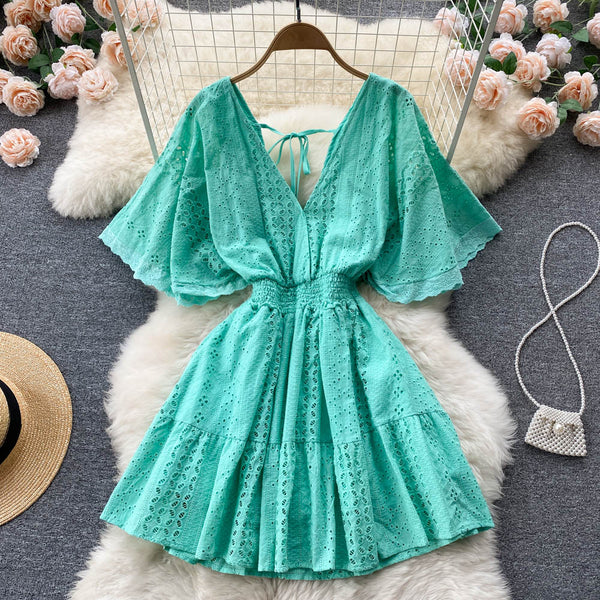 Cut-out Hollowed Puff Sleeve Dress