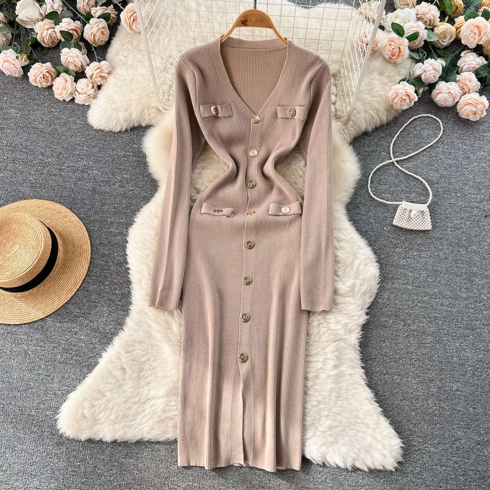 Single Breasted V-neck Knitted Dress