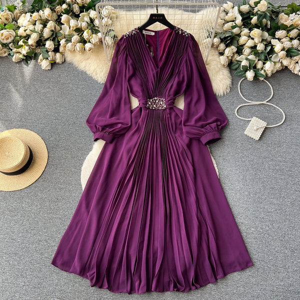 Flared Sleeve Rhinestone Studded Dress