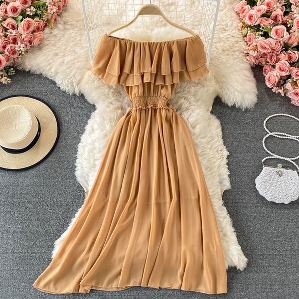 Off-shoulder Ruffle Mesh Chiffon Dress