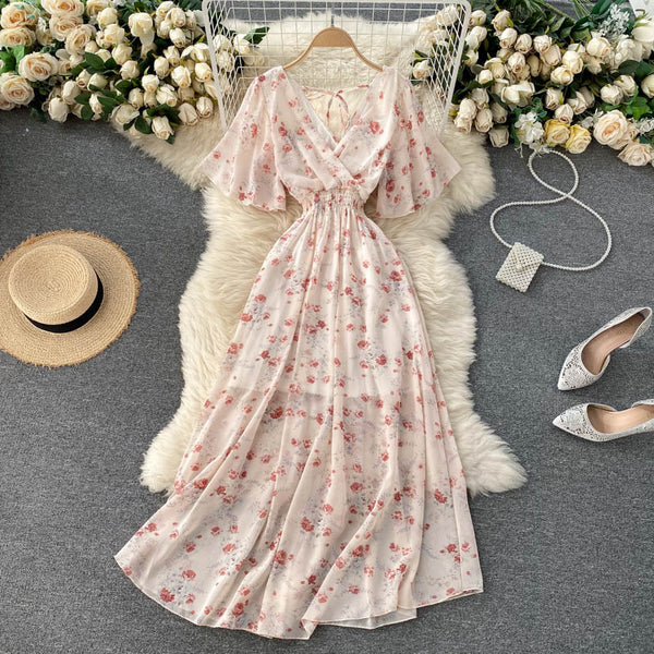 V-yaka Slim Chiffon Çiçekli Elbise