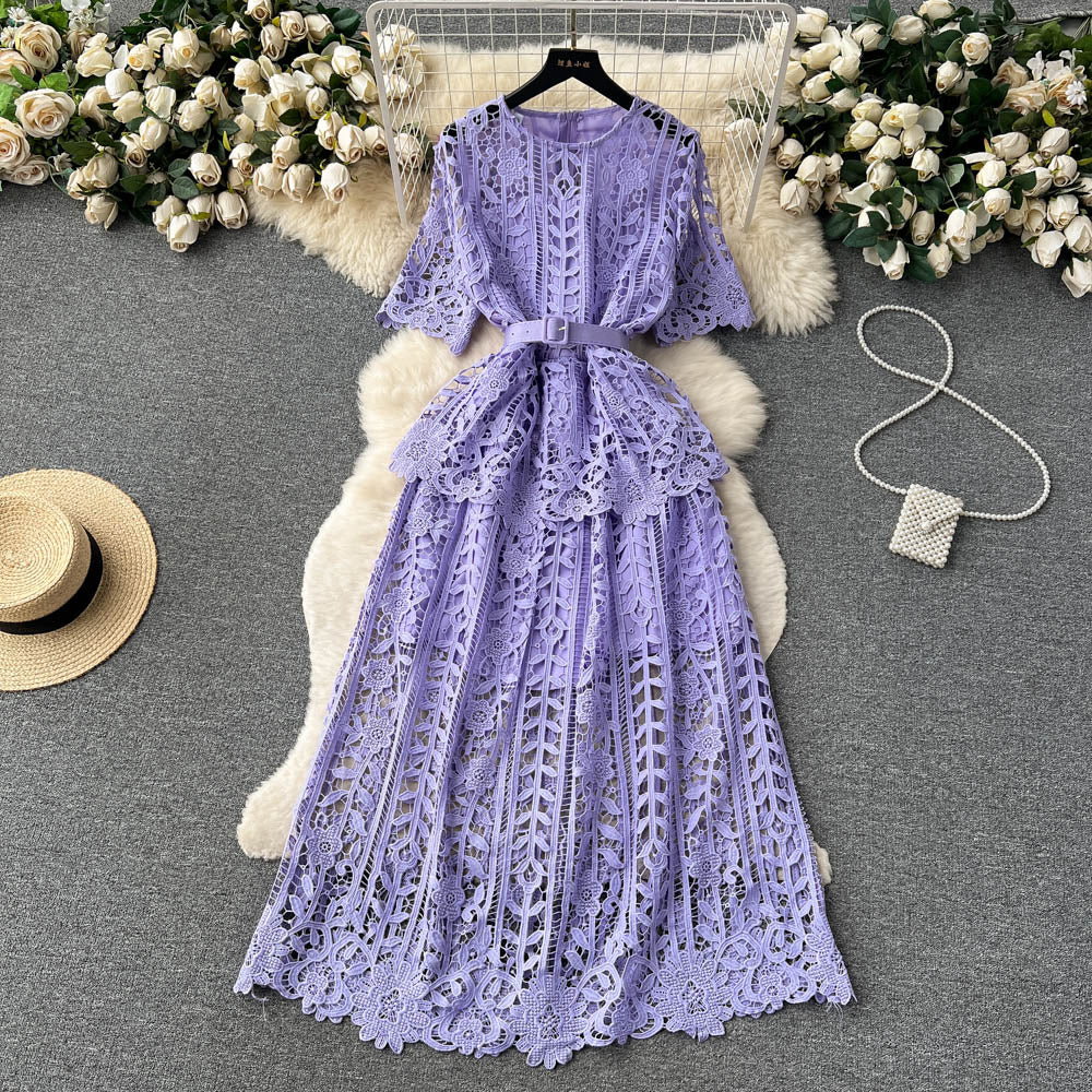 Hollowed Crochet Lace Solid Dress