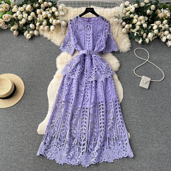 Hollowed Crochet Lace Solid Dress