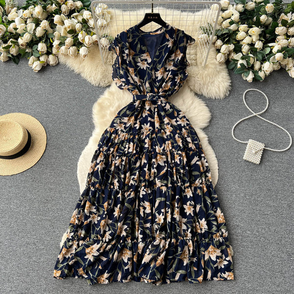 Vintage V-neck Sleeveless Floral Dress