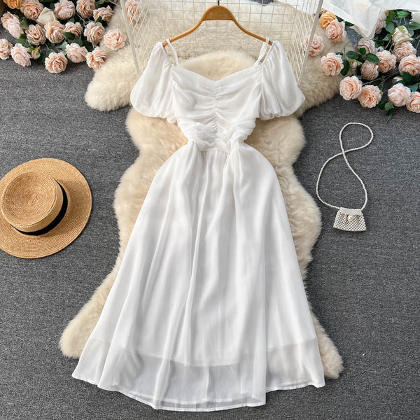Bubble Sleeve Square Collar Chiffon Dress