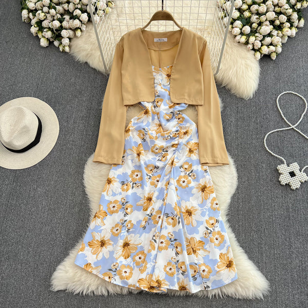 Vintage Sleeveless Dress&Cape Jacket 2Pcs