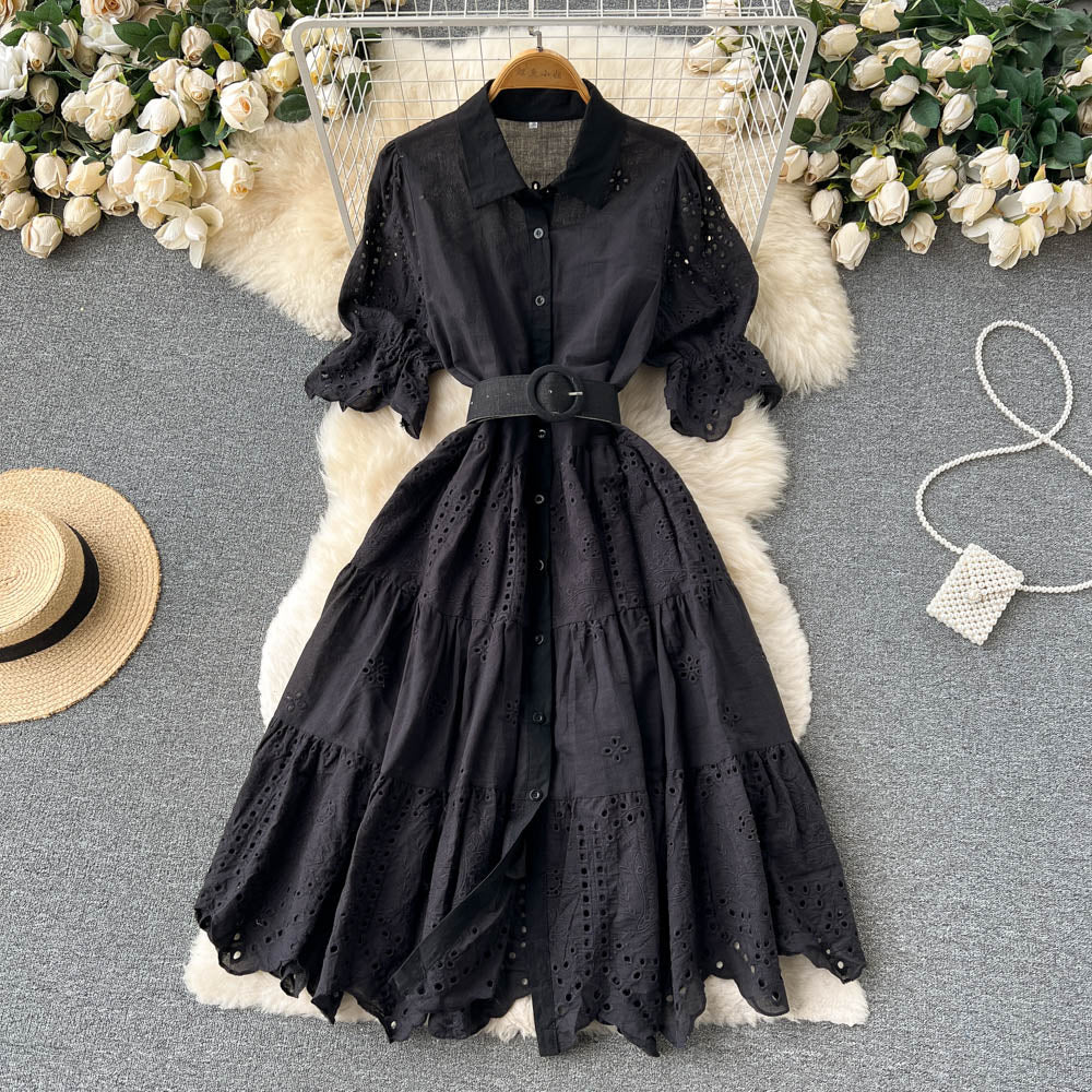 Puff Sleeve Hollowed Embroidered Dress