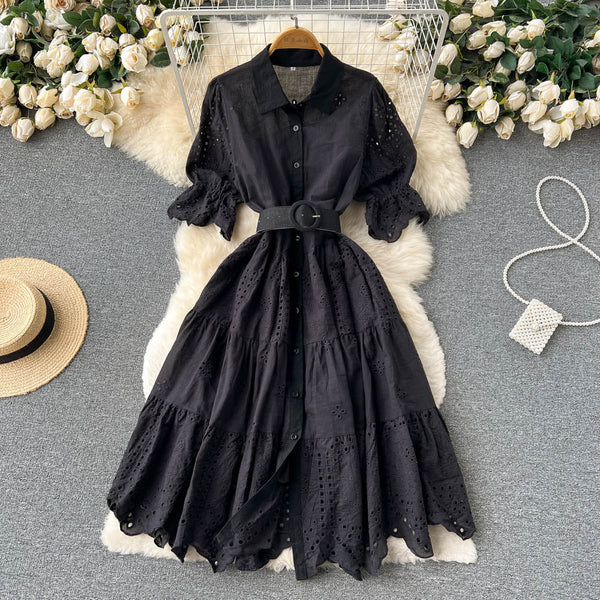 Puff Sleeve Hollowed Embroidered Dress
