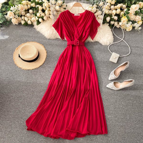 Solid Color Pleated Chiffon Dress