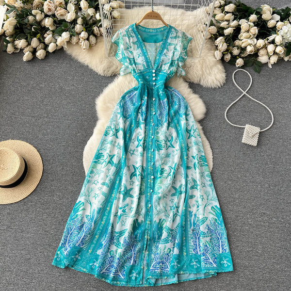 Court V-neck Printed Pleat Dress