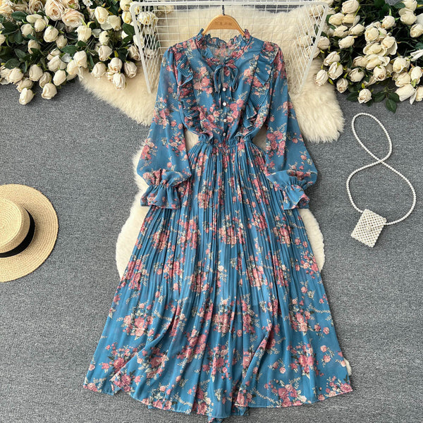 French Style Floral Pleated Dress