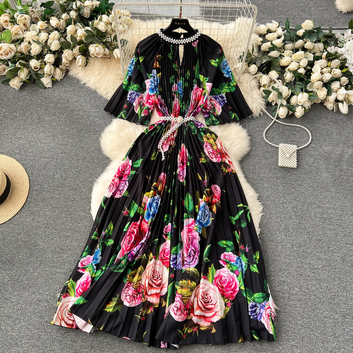 Elegant Beaded Floral Printed Dress