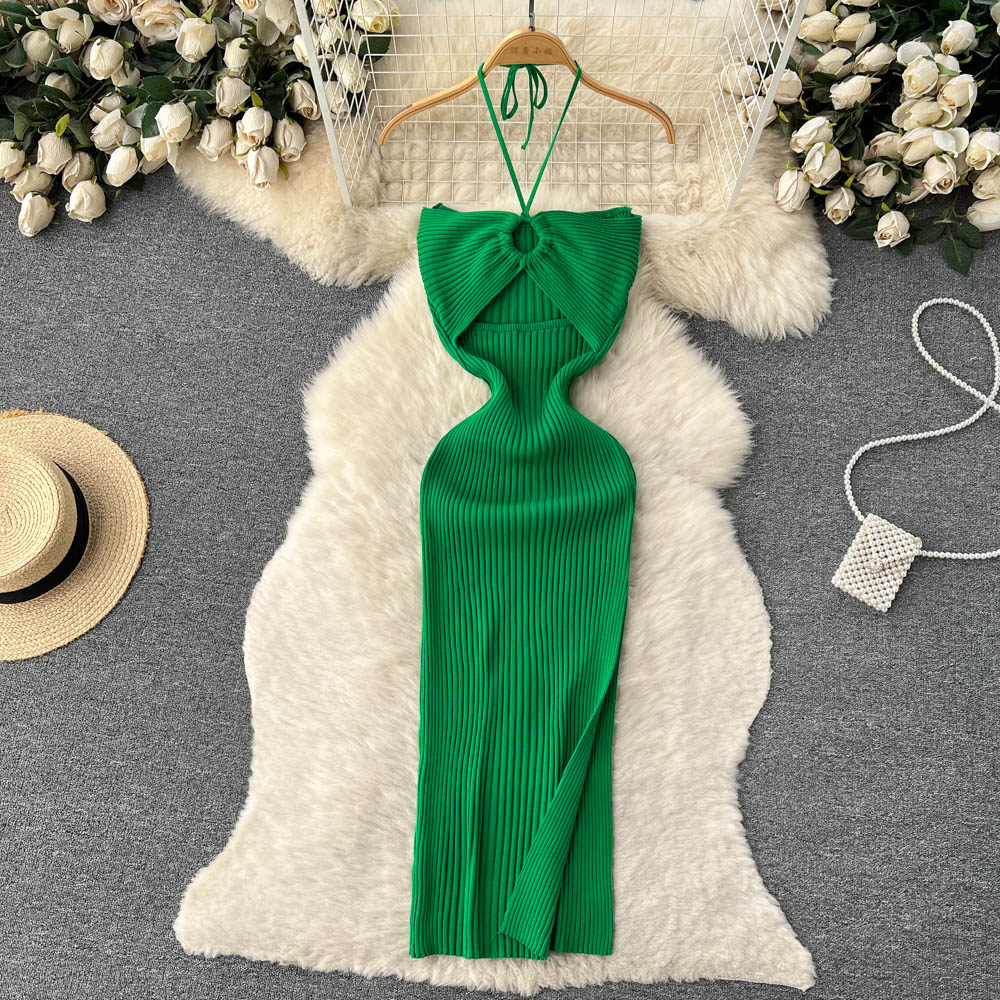 Openwork Backless Knitted Halter Dress