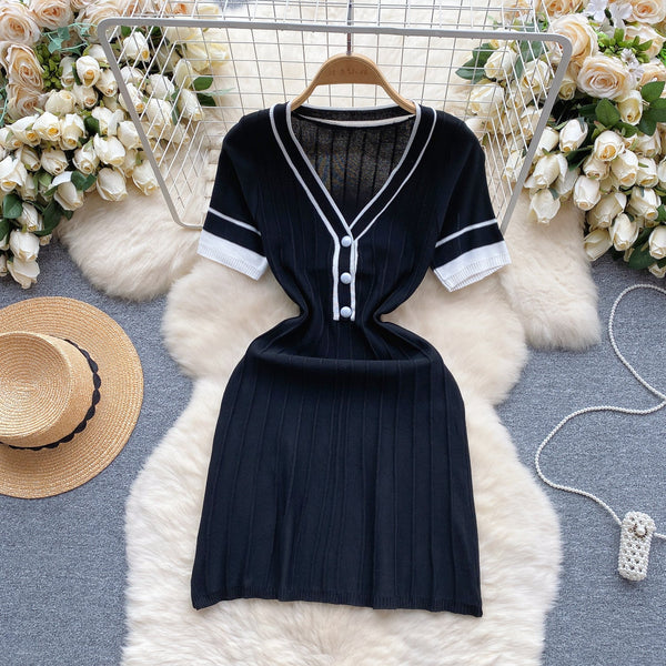 Candy Color V-neck Knitted Dress