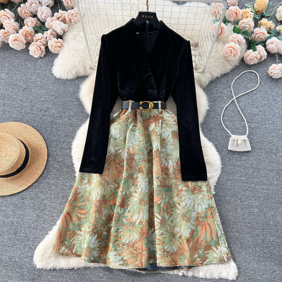 Courtly Gold Velvet Jacquard Floral Dress