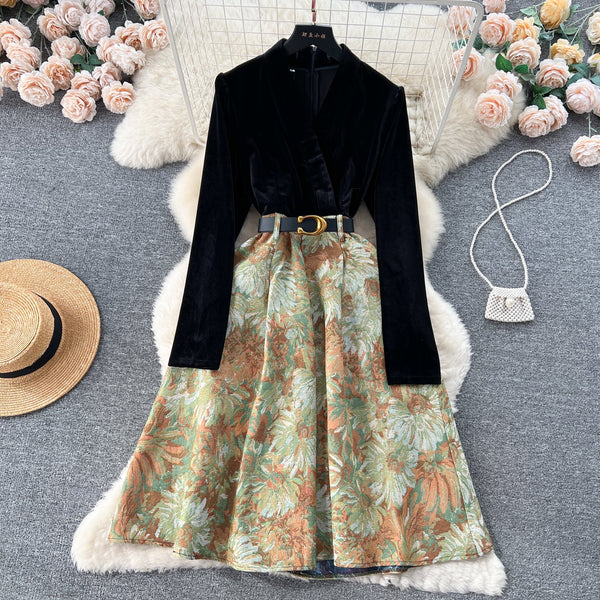 Courtly Gold Velvet Jacquard Floral Dress