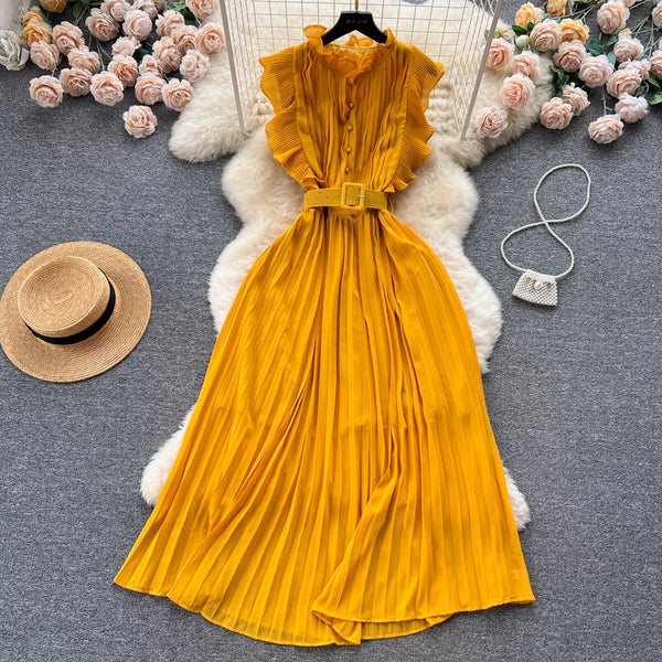 Solid Color Chiffon Dress with Belt