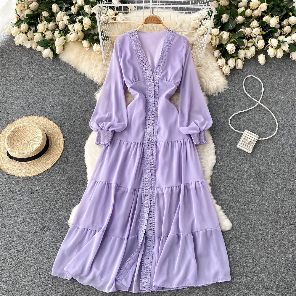 Courtly Lace Trim Single-breasted Dress