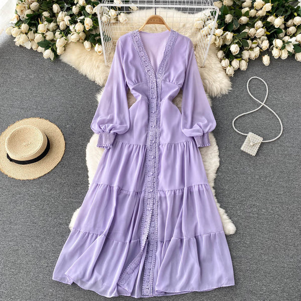 Courtly Lace Trim Single-breasted Dress