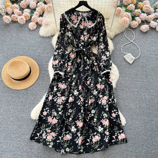 Vintage Doll Collar Floral Chiffon Dress