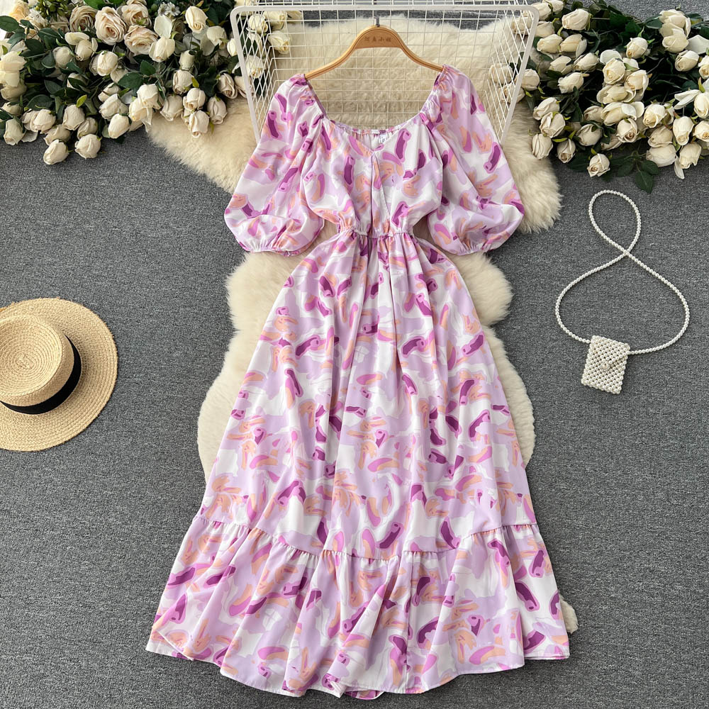 Square Neck Bubble Sleeve Floral Dress