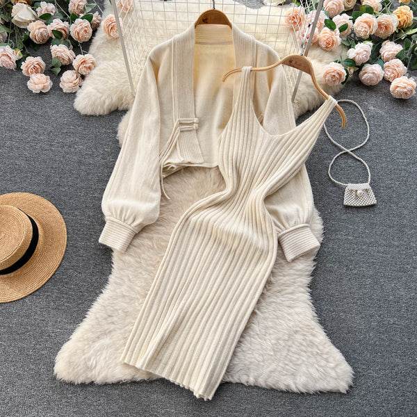 Cardigan Shawl&Halter Dress 2Pcs Set