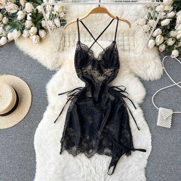 Lace See-through Crossover Halter Dress