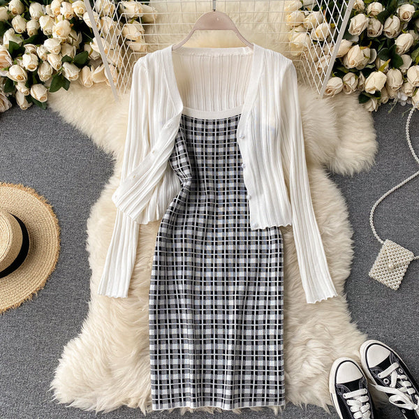 Knitted Cardigan&Plaid Dress 2Pcs