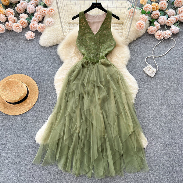 V-neck Mesh Patchwork Puffy Dress