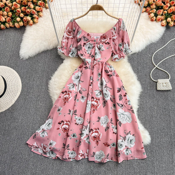 Waist-slimming V-neck Floral Chiffon Dress