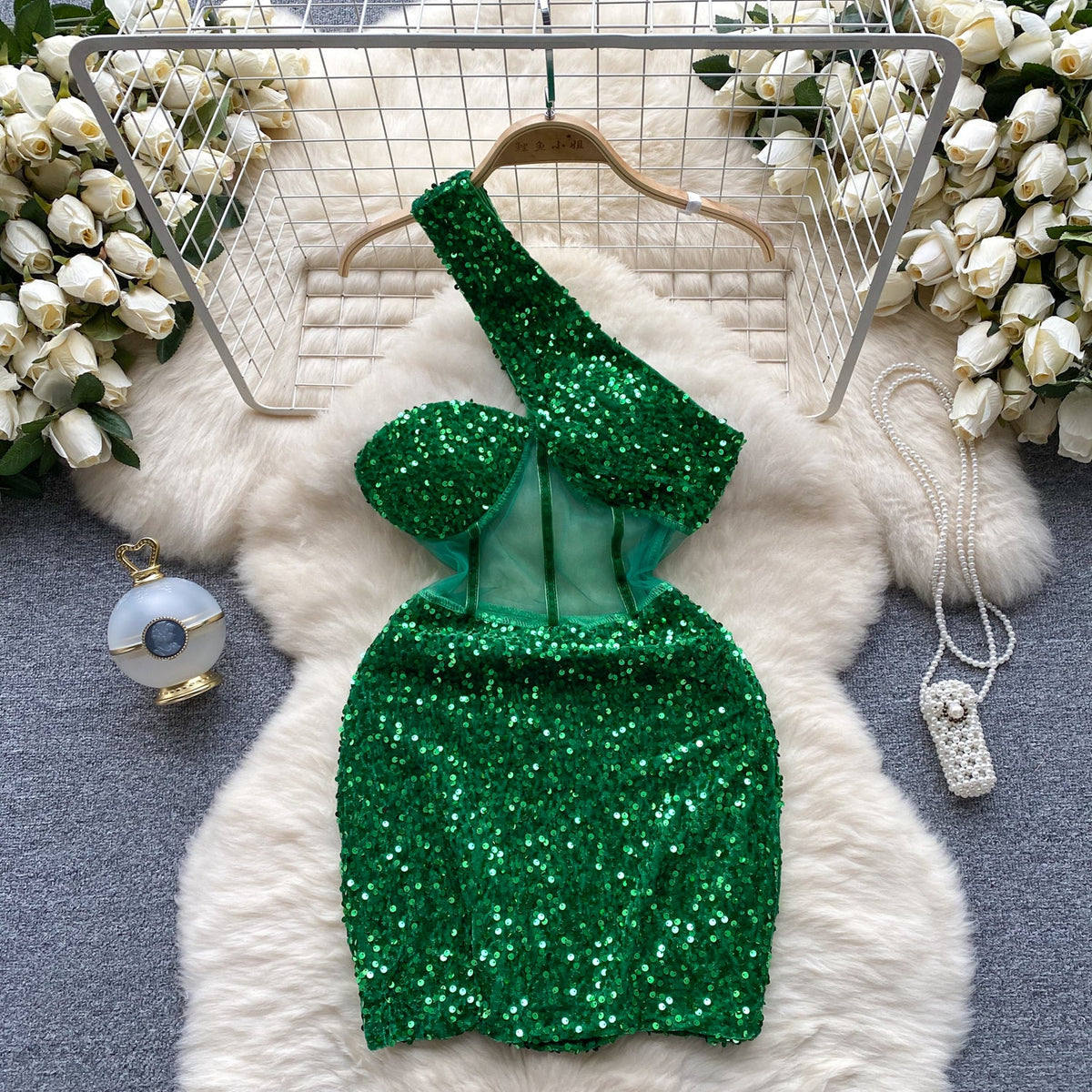 Slant Shoulder Sequin Mini Party Dress