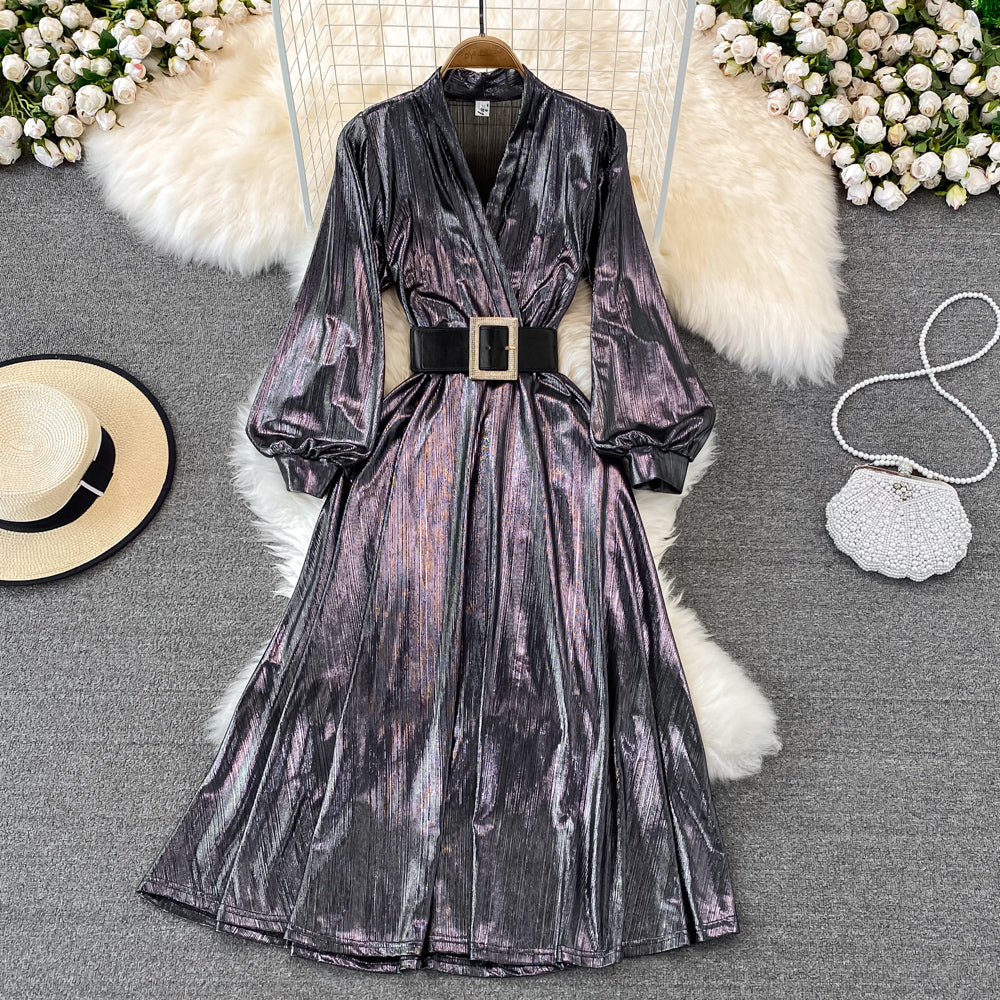 French Style Flared-sleeve Metallic Dress