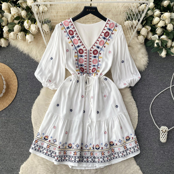 Bohemian Embroidered Drawstring Floral Dress