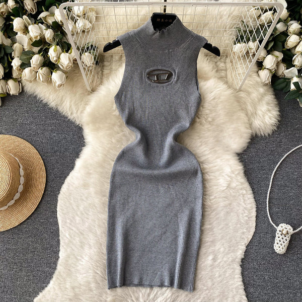 Hollowed Semi-turtleneck Slim Knitted Dress