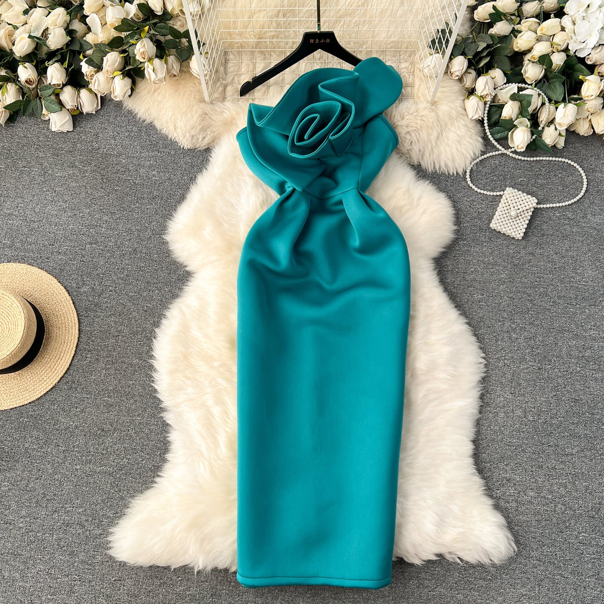 Solid Color 3d Flower Party Dress