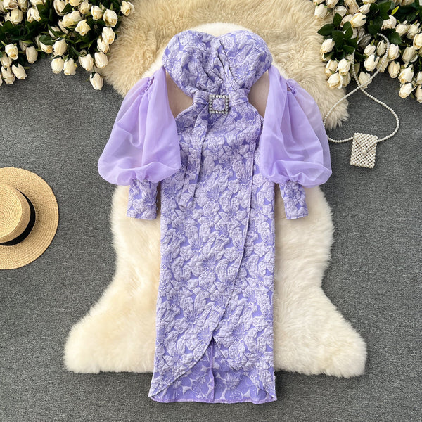 Off-shoulder Flared Sleeve Crochet Dress