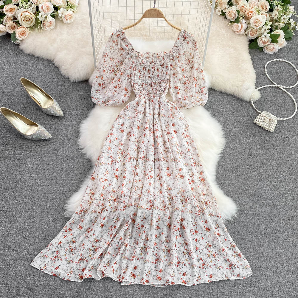 Square Collar Floral Chiffon Dress