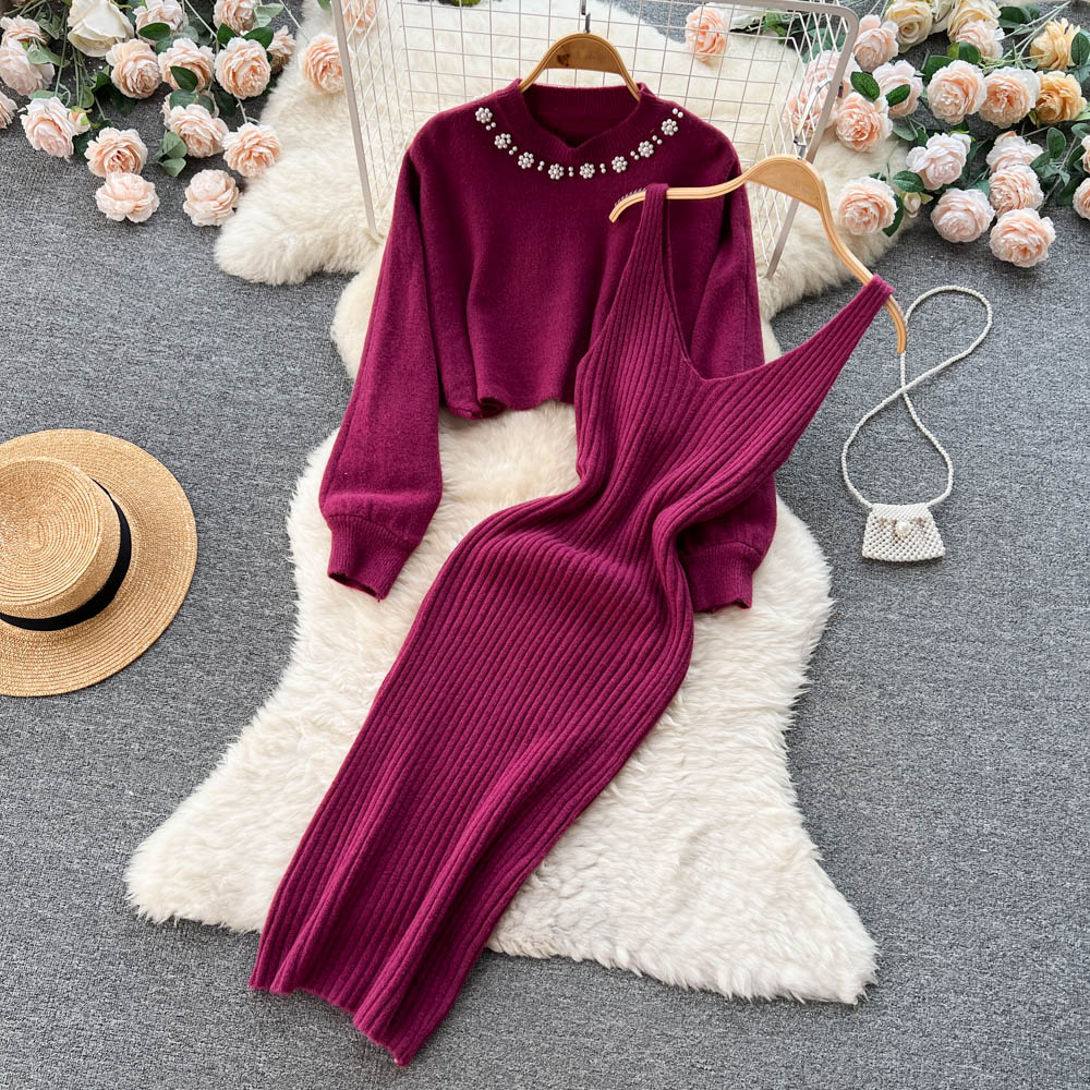 Vintage Beaded Jersey&V-neck Halter Dress