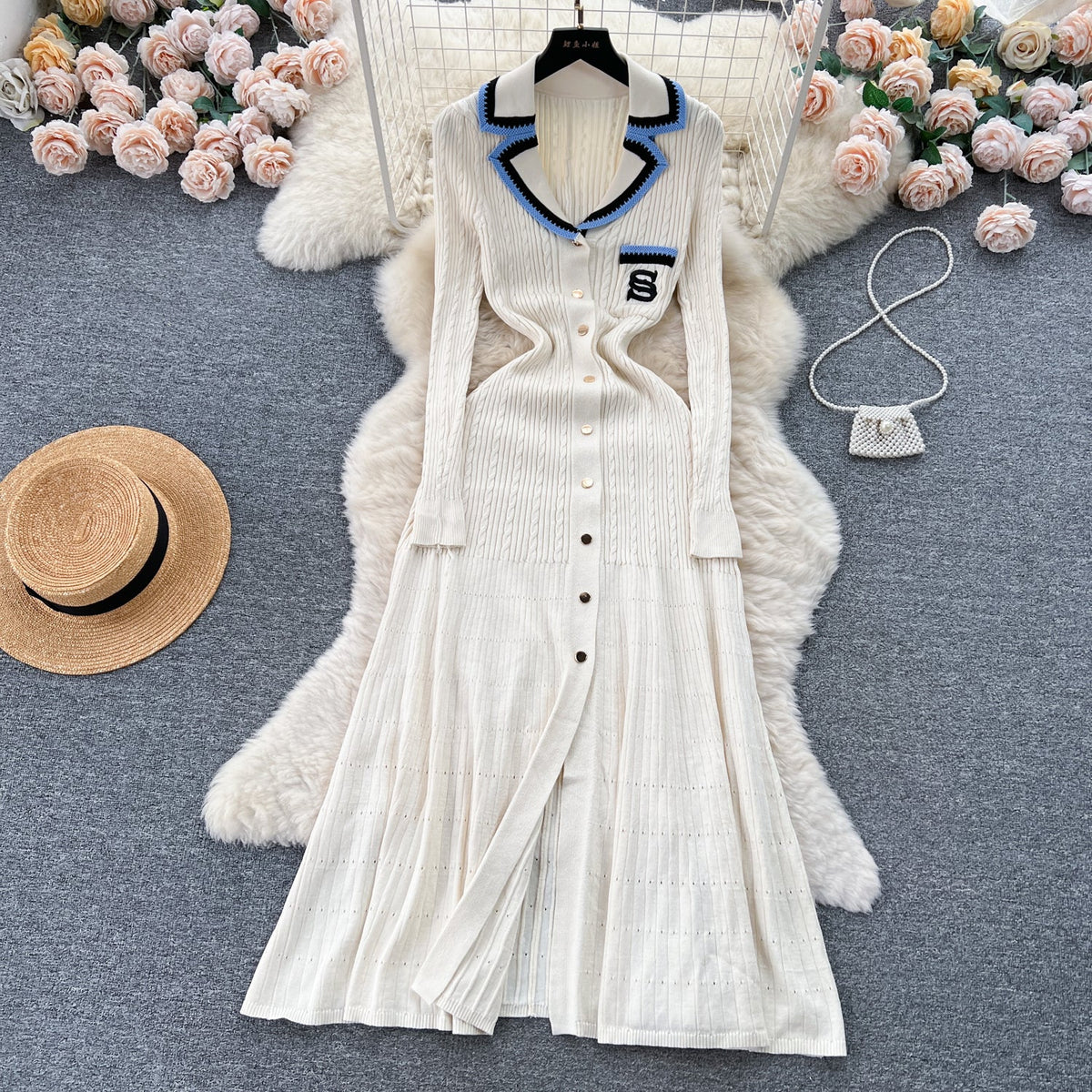 Color Blocking Embroidery Knitted Dress