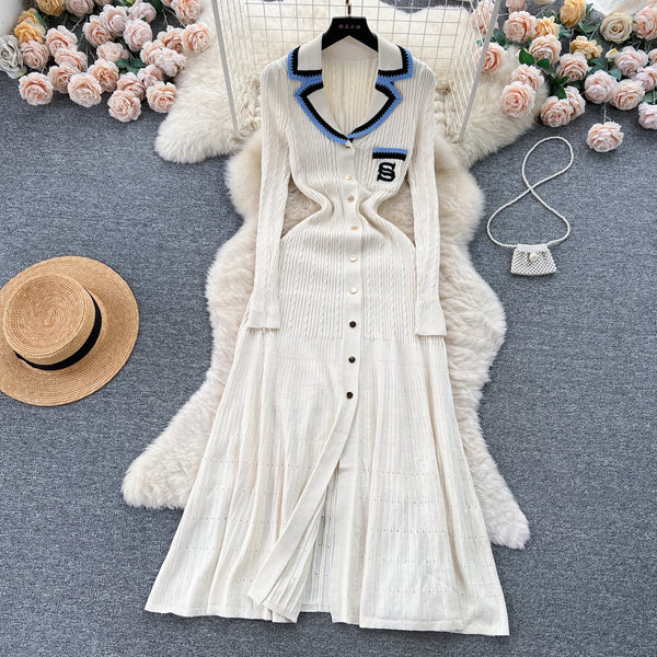 Color Blocking Embroidery Knitted Dress