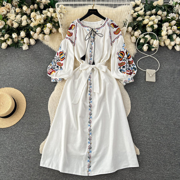 Bohemia Lace-up Embroidered Floral Dress