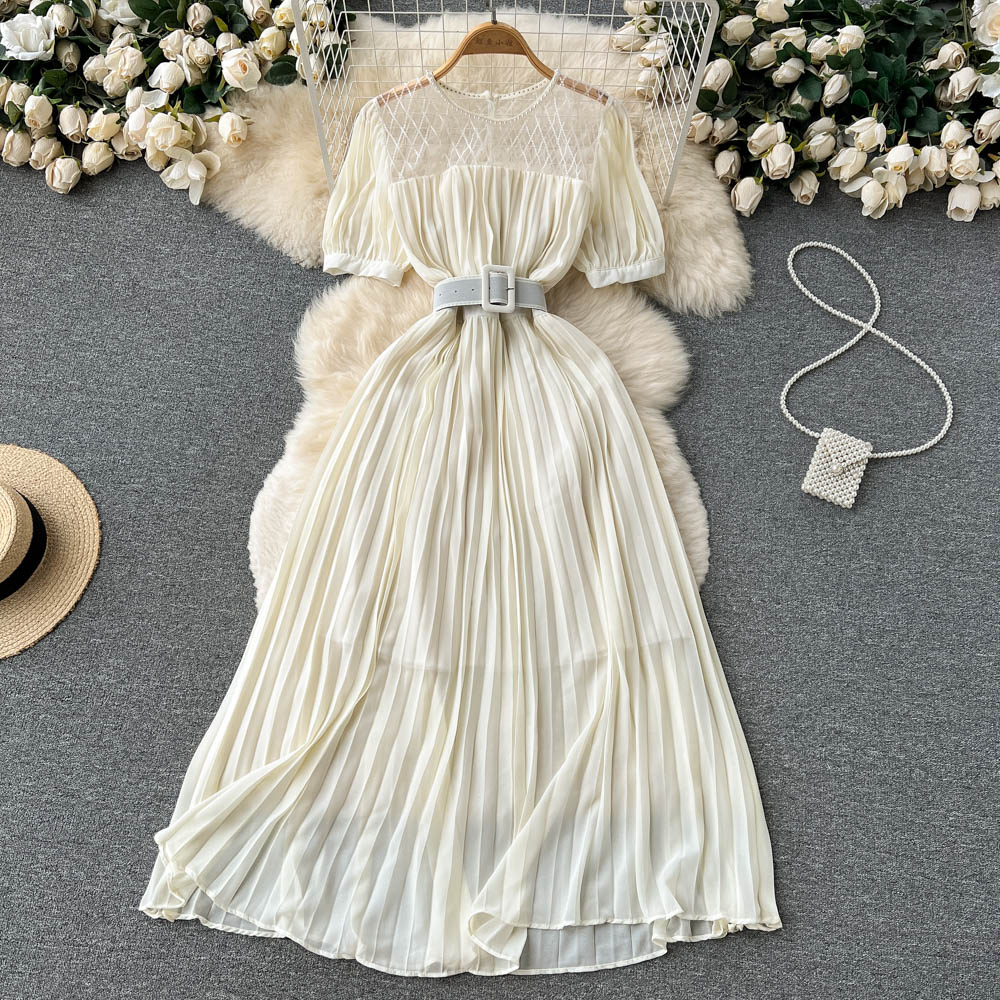 High Waist Tied Chiffon Pleated Dress